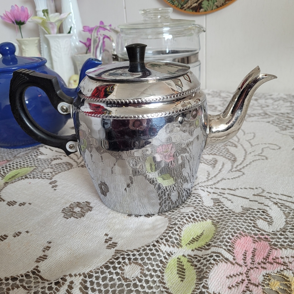Vintage Silver Teapot with Black Handle and Knob